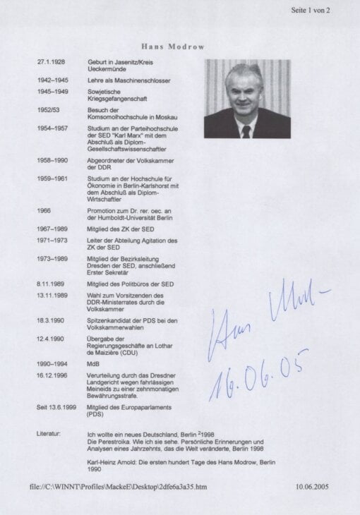 Autogramm von Hans Modrow 1999 DDR