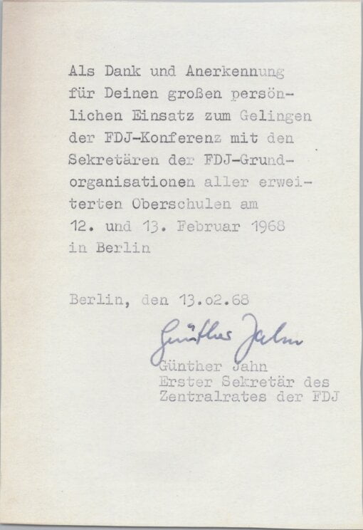 Autogramm von Günther Jahn 1968 DDR